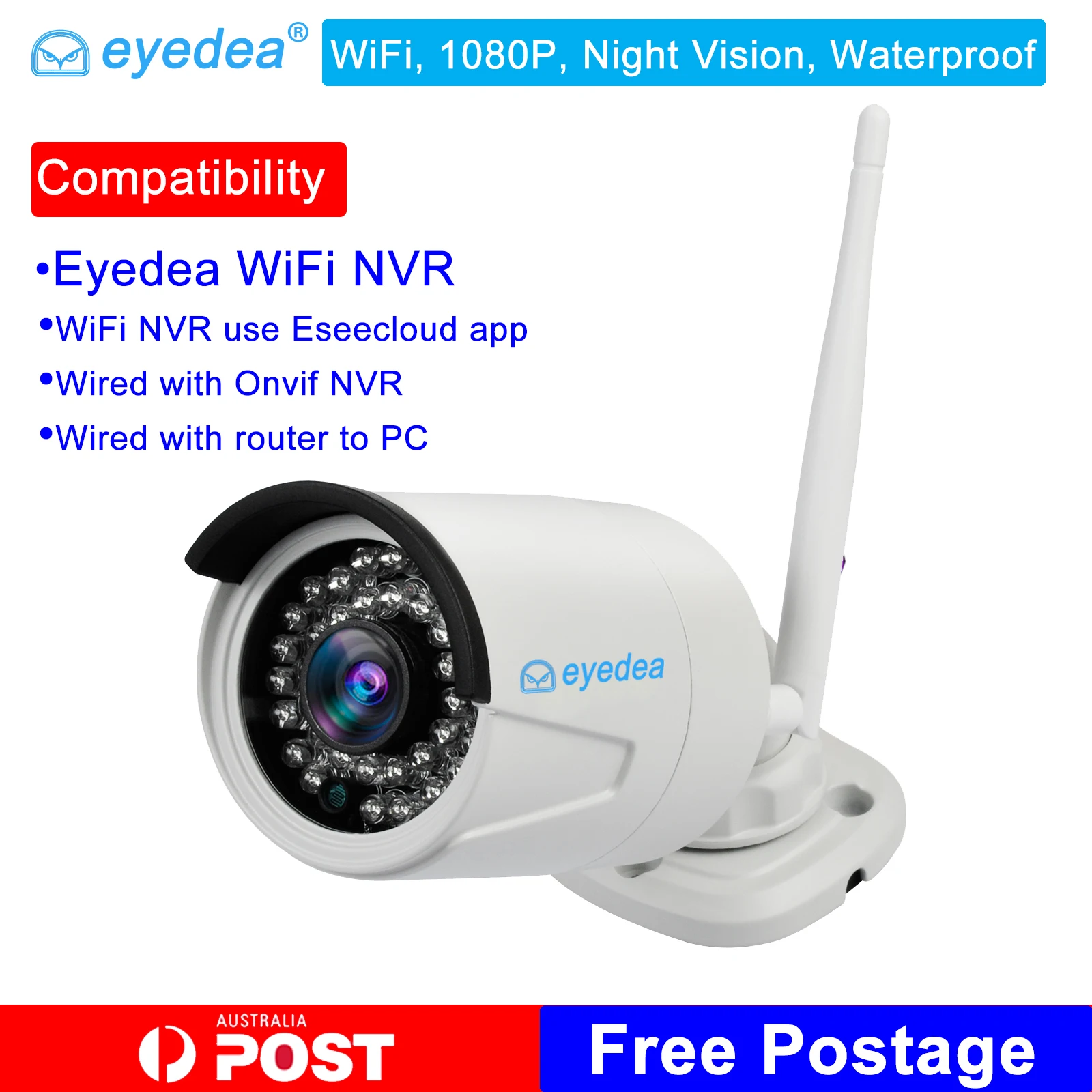 

Eyedea 1080P 2.0MP Wireless WiFi Camera IP Network Onvif IP67 Outdoor Waterproof Night Vision for NVR