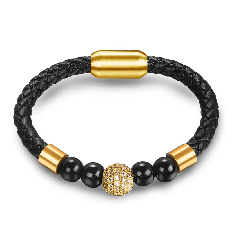 Jiayiqi классический черный плетеный кожаный браслет для мужчин череп AAA кубический циркон нержавеющая сталь бусины браслет мужской Гламурные ювелирные изделия подарок - Окраска металла: Gold 2
