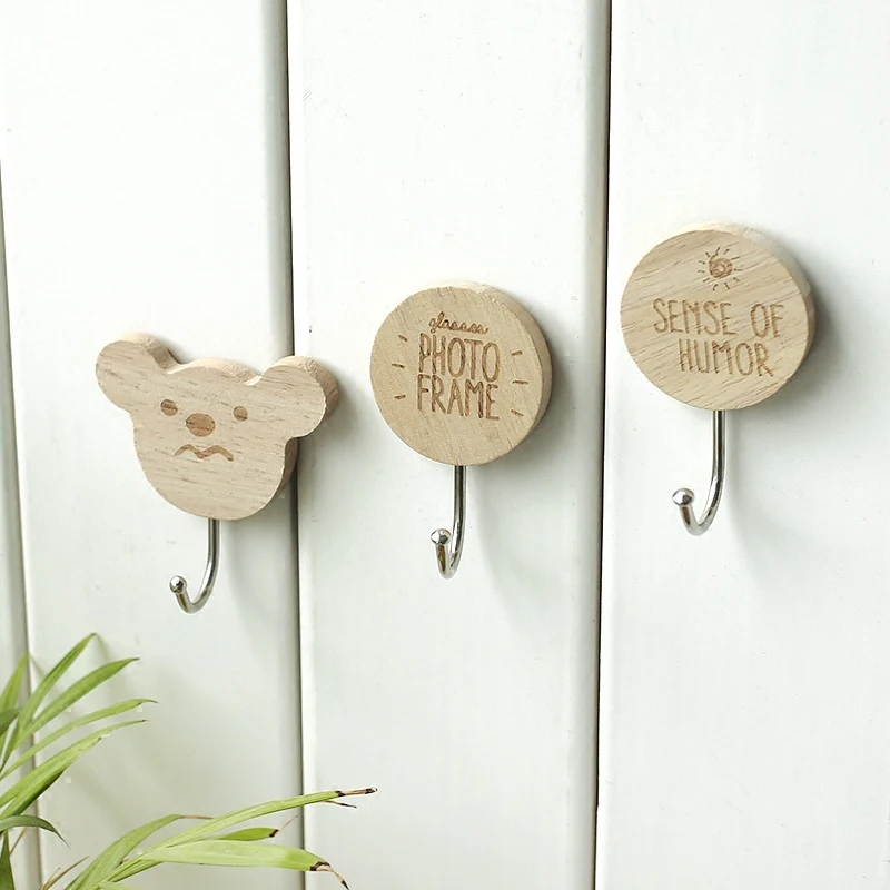 Multipurpose Creative Cute Cartoon Wooden Wall Hooks Self Adhesive Wall