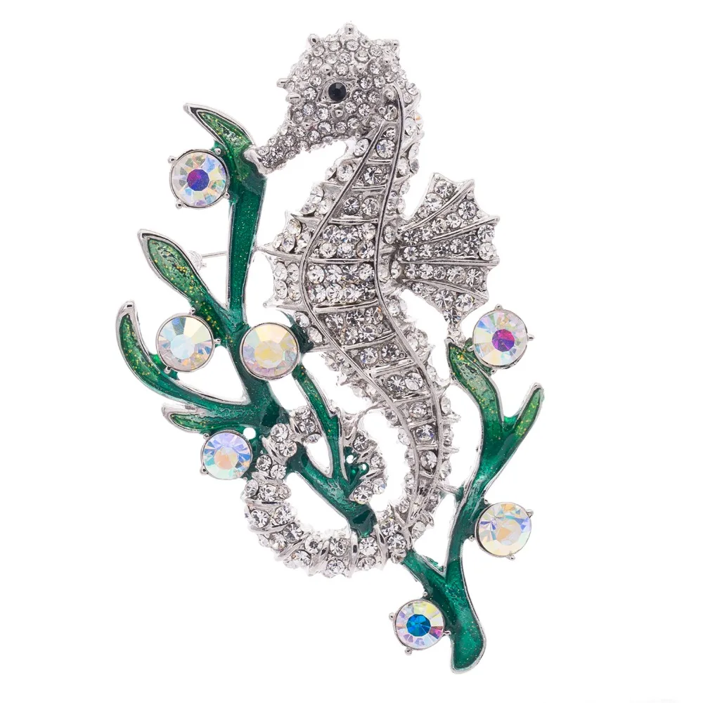 

Unique Fashion Enamel Rhinestone Brooches Austrian Crystals Seaweed Sea Horse Brooch Pins for Wedding Jewerly FA3186
