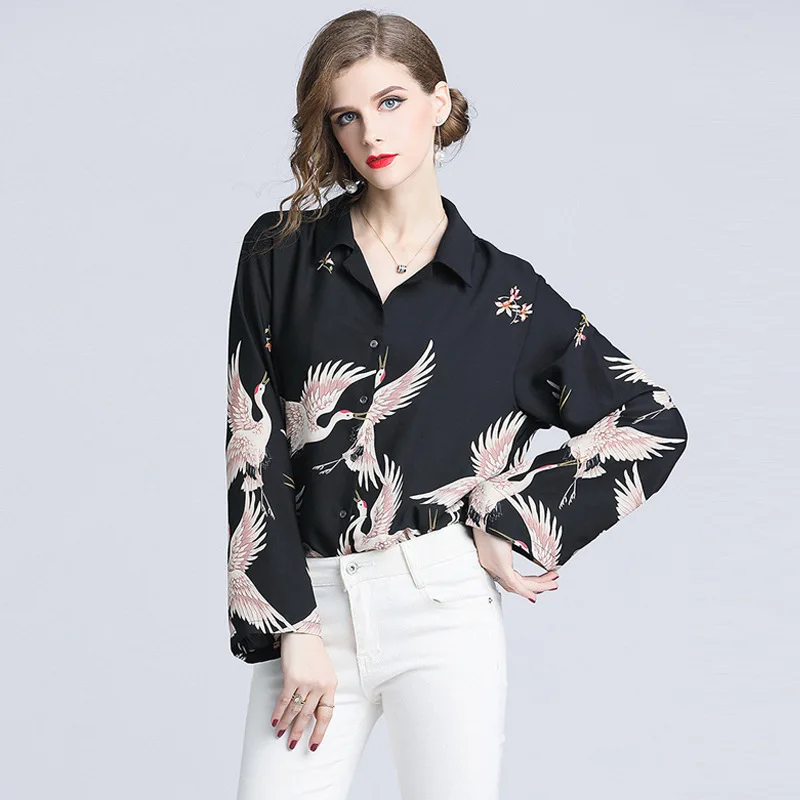 

Fashion Red-crowned Printed Shirt Vintage Elegant Long Sleeve Blouses Women Workwear Modern Lady Autumn Tops