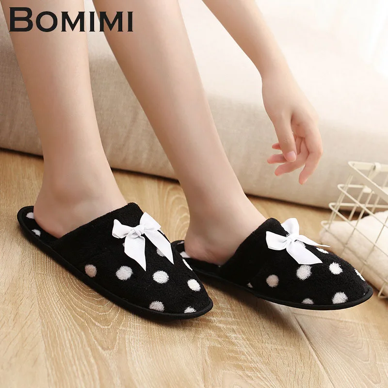 

BOMIMI Plus Size Women Cotton Slippers Bowknot Ladies Non-Slip Slip On Warm Plush Slippers Indoor Home Slippers Shoes