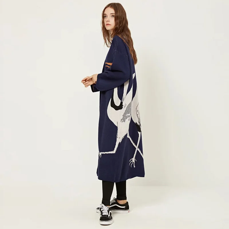 Best 2019 Winter Casual Cashmere Trench Coat Women Cartoon Cranes Pattern Cardigan Open Stitch Knitting Long Outwear Oversize
