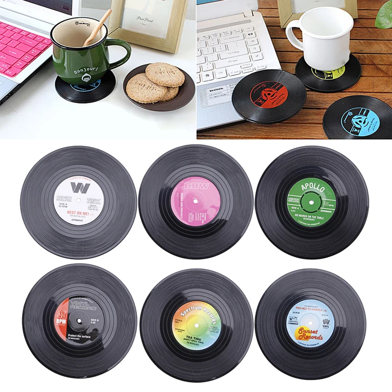 6Pcs Round Vinyl Coaster Record Cup Drinks Holder Mat Tableware