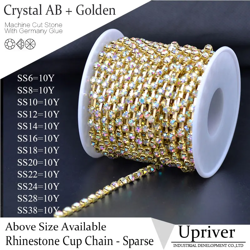 

Upriver Golden Base Sparse Claw 10yards/roll Bright Stones SS16 Crystal AB Rhinestone Cup Chain For Necklace accessories