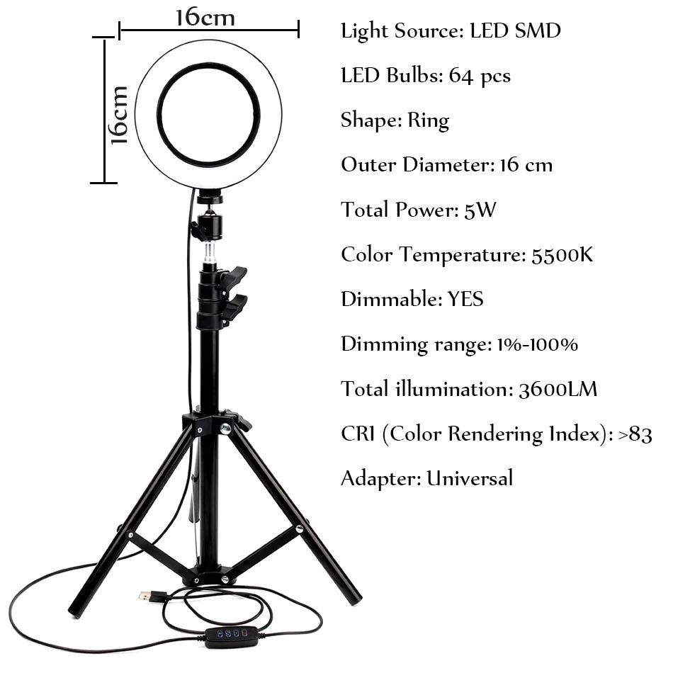 

Dimmable 64pcs LED 3200-5500K Ring Light Selfie Ring Lamp Photographic Phone/Camera/Studio/Video with Tripod Beauty fill light