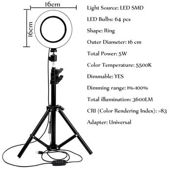 

Dimmable 64pcs LED 3200-5500K Ring Light Selfie Ring Lamp Photographic Phone/Camera/Studio/Video with Tripod Beauty fill light