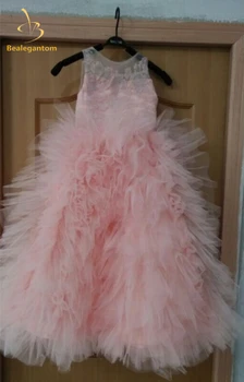 

2019 Attractive Girls Pageant Dress Ball Gown Scoop Floor-Length Ruched Tiered Kids Flower Girl Dresses Vestido De Daminha QA176