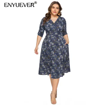 

Enyuever Vestido Casual Summer Dress Plus Size Women V Neck Sleeve Swing Floral Print Robe Vintage Rockabilly Dress With Pockets