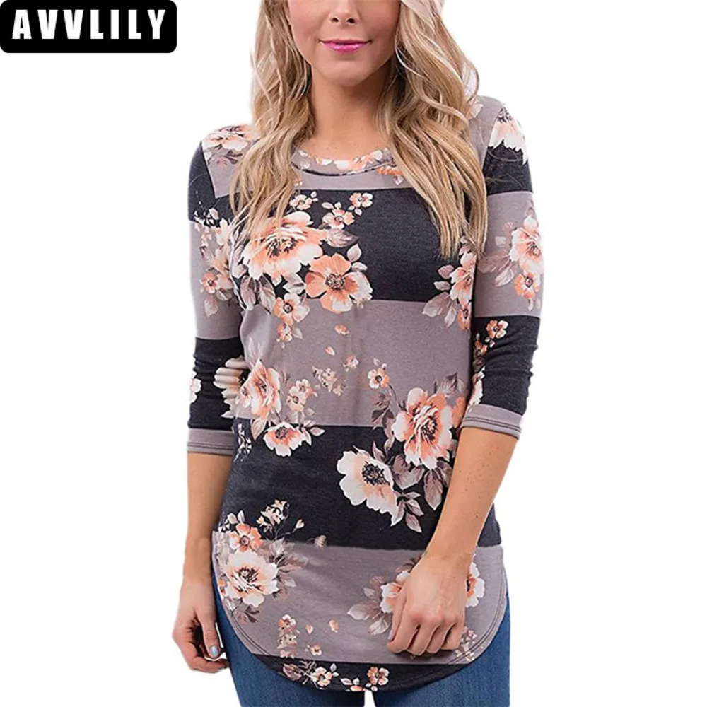 Women Long Sleeve T Shirt 2018 Autumn 3/4 Sleeve Floral Print T-shirts O-neck Casual Striped Tops Cotton Tee Shirt Plus Size Xxl