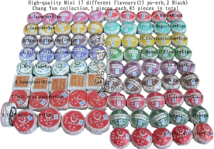 Yunnan Pu er tea Puer *Top Grade Mini Ripe/Raw/Pu-erh Tea/Black *Collection 85 pieces/17 flavours/ 5 pieces each |