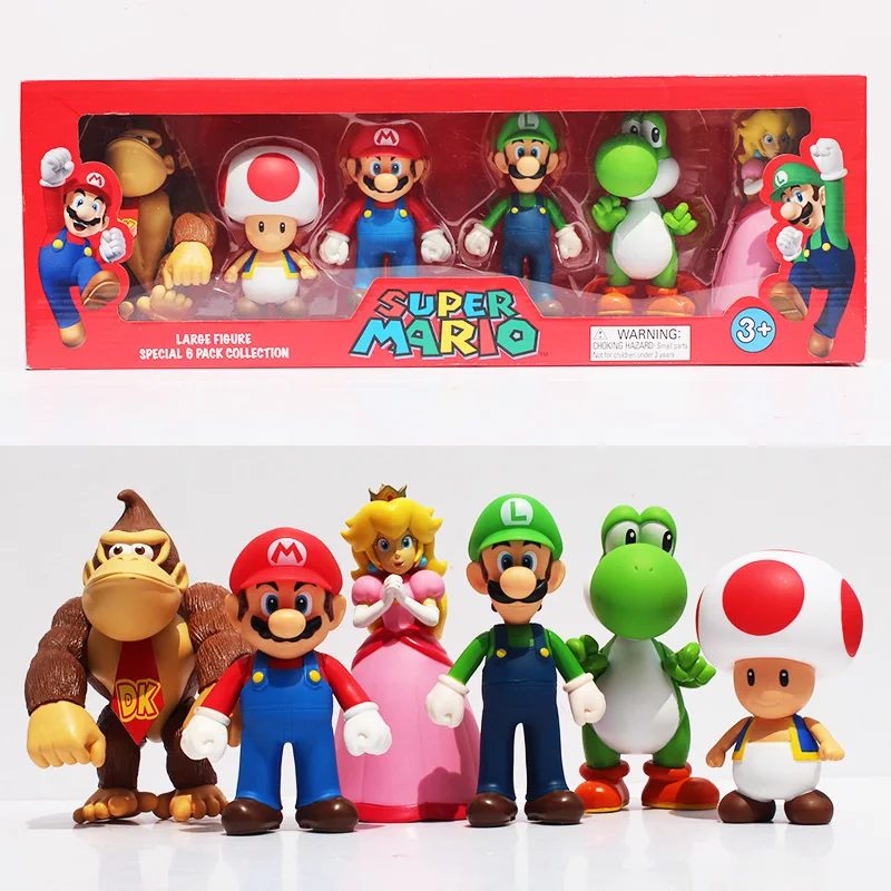 6pcs/Lot Super Mario Bros Princess Peach Toad Mario Luigi Yoshi Donkey Kong PVC Action Figure Toys Dolls Model