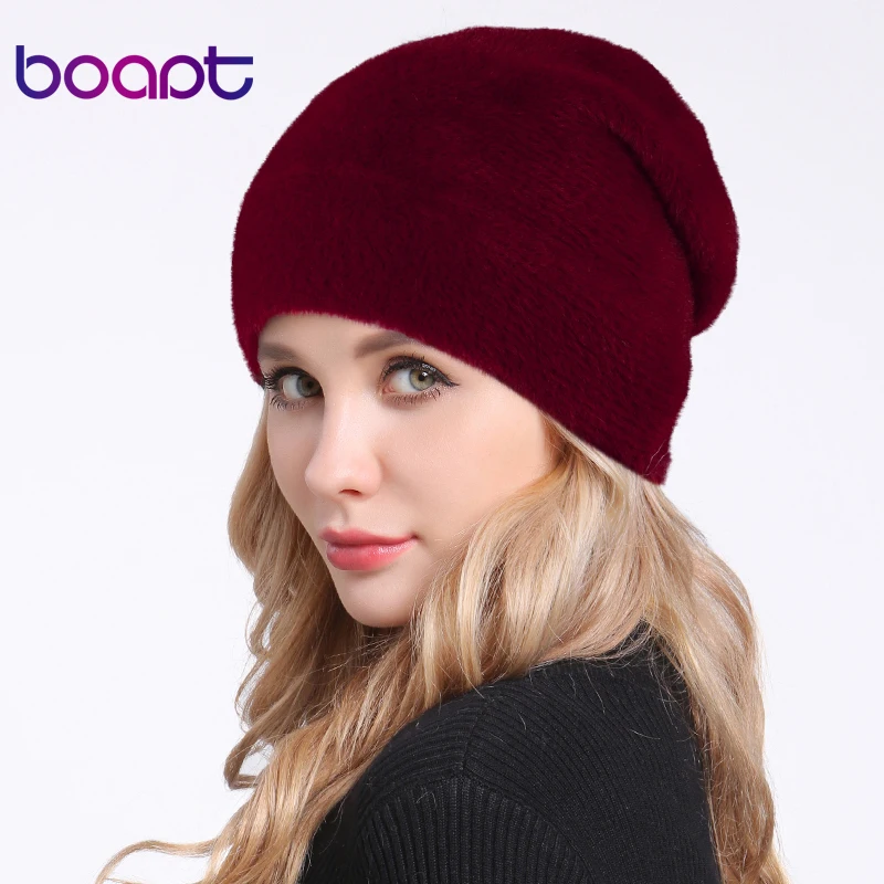 

[boapt] Imitate Mink Double layer Soft Wool Winter Hats For Women Thick Warm Caps Female Brand Skulls beanies Ladies Hat Bonnet