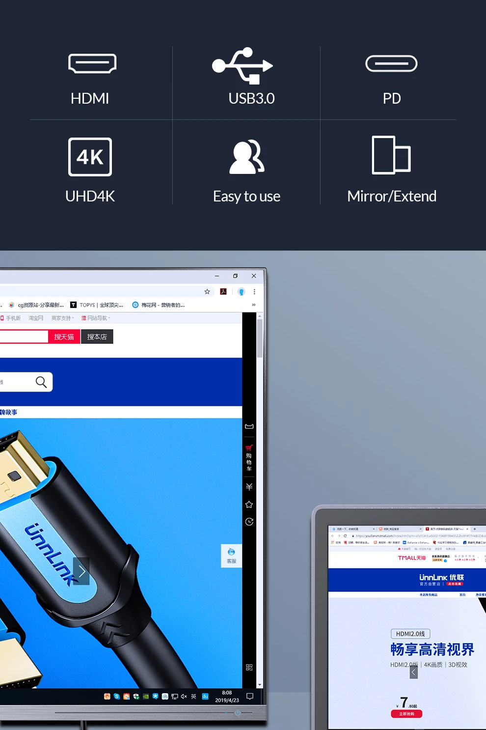 Unnlink USB C к HDMI адаптер типа C к HDMI USB3.0 PD UHD4K Thunderbolt3 для MacBook Galaxy S10/S9/S8 Dex mate 20 P20 P30 переключатель