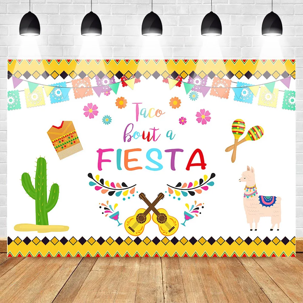 

Mehofoto Mexican Fiesta Theme Backdrop Birthday Party Alpaca Guitar Cactus Photo Background Colorful Flags Floral Backdrops