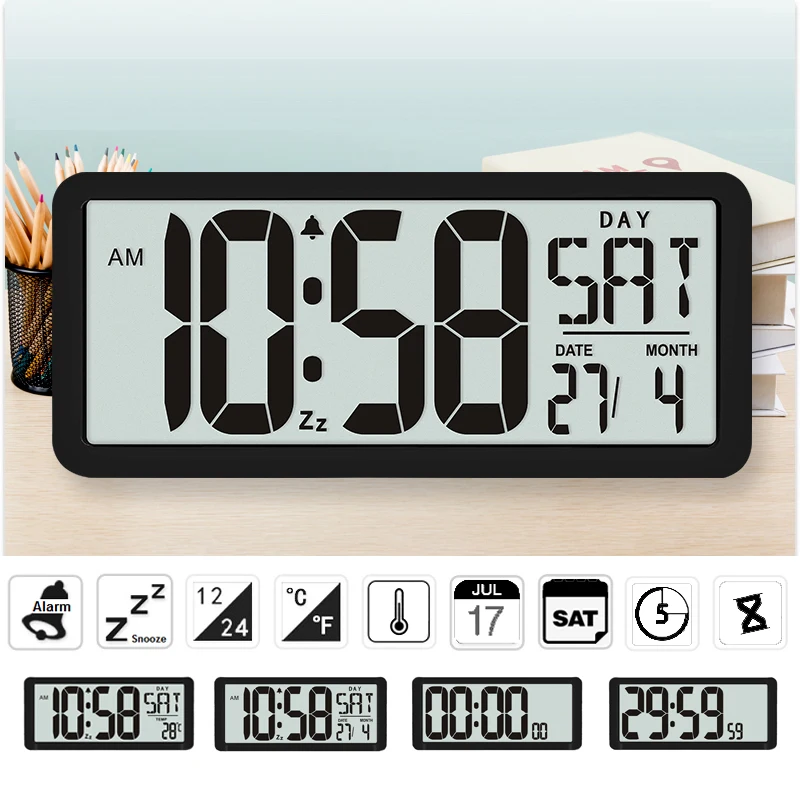 

TXL Square Wall Clock Series, 13.8" Large Digital Jumbo Alarm Clock, LCD Display, multi-functional upscale office decor desk