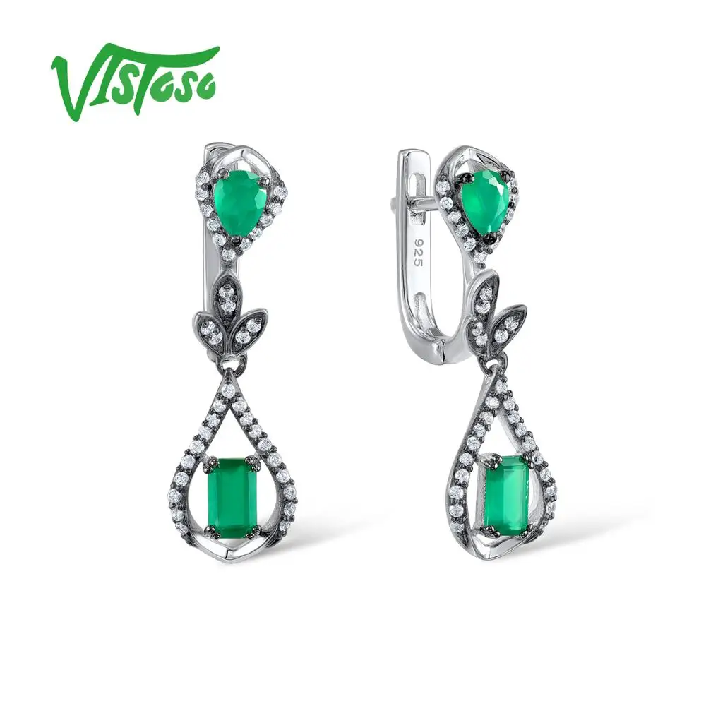 

VISTOSO Pear Water Drop Earrings Silver 925 Octagon Dyed Green Agate Earrings Round White Cubic Zirconia For Women Wedding Fine