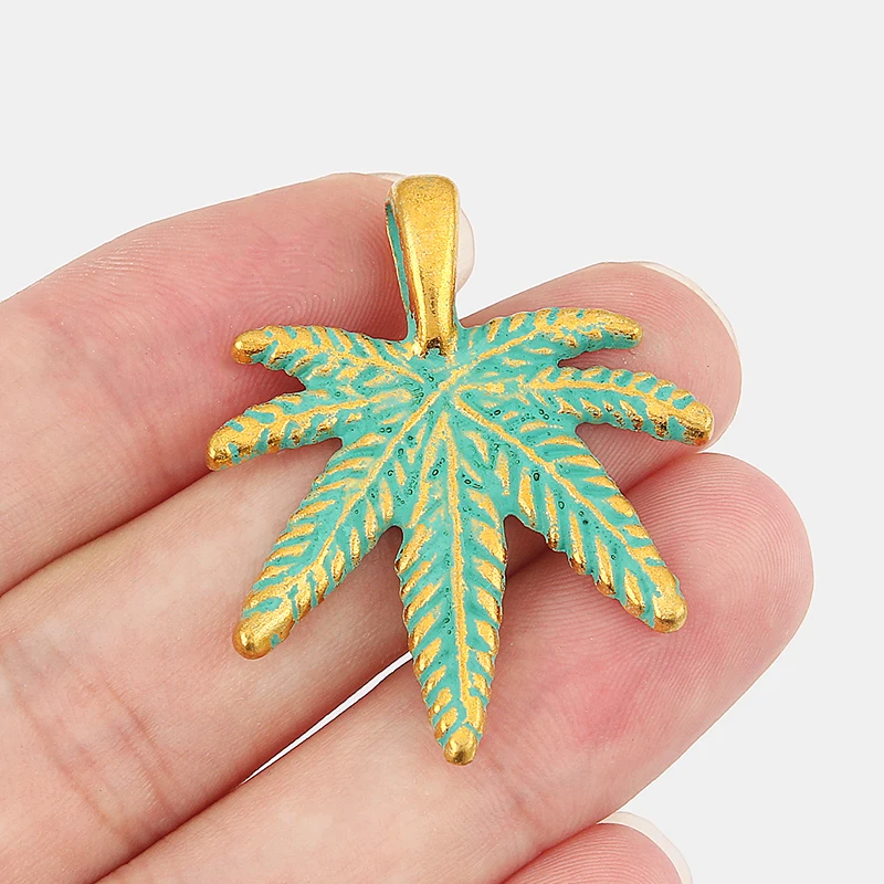 

10PCS Verdigris Patina Elegant Hemp Leaf Maple Leaf Charms Pendants for Necklace Jewelry Finding Making 41x34mm