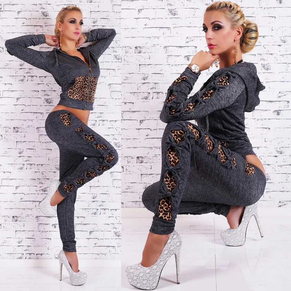 

INITIALDREAM Spring Autumn Women Two Pieces Sets Leopard Stitching Hoodie Zipper Top And Pant Tracksuit Female Sports Suit