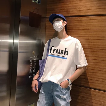 

2019 Autumn New Men's Wild Student Japanese BF Style Lazy Wind Letter Printing Couple Short Sleeve Loose Harajuku Casual T-shirt