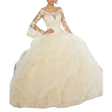 Женские платья для выпускного вечера с длинным рукавом, недорогие кружевные вечерние платья с бусинами и оборками, пышное платье цвета шампанского 15 anos, бальное платье для девочек