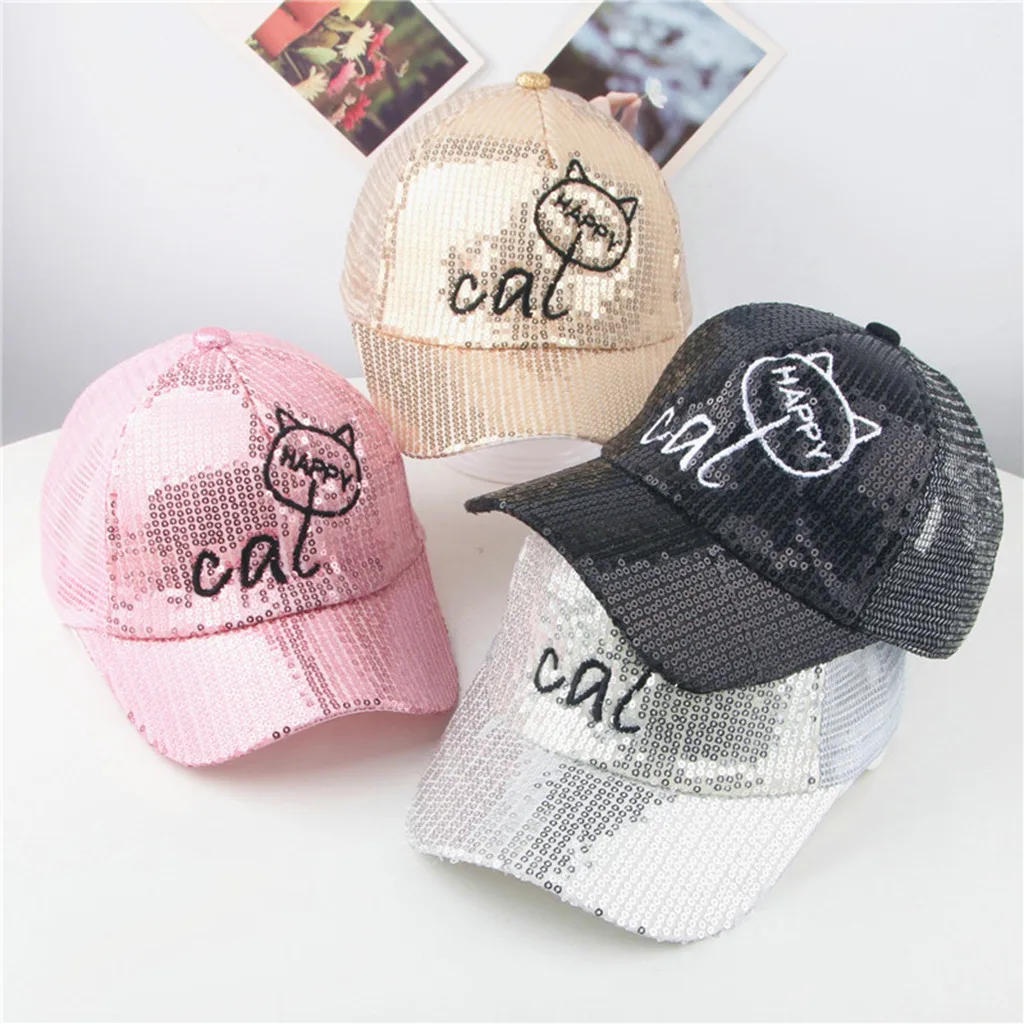 

2-8Y Kids Baby Girl Boy Children Cute Cartoon Cat Student Paillette Hat Baseball Cap Summer Sunhat