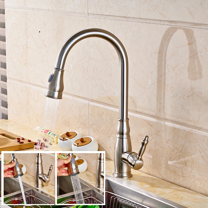 

Wholesale and Retail Kitchen Sink Faucet Single Handle Swivel Spout Mixer Tap Nickel Brushed
