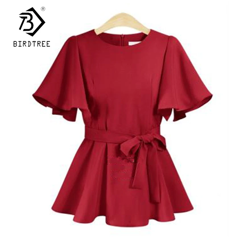 

Plus Size XL-5XL Women Butterfly Sleeves Blouses 2018 New Fashion Summer Casual O-Neck Lace Up Bow Solid Color Tops Hot T81231L