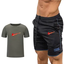 2019 новый высококачественный брендовый мужской костюм-футболка из 2 предметов, Повседневная футболка с короткими рукавами и круглым