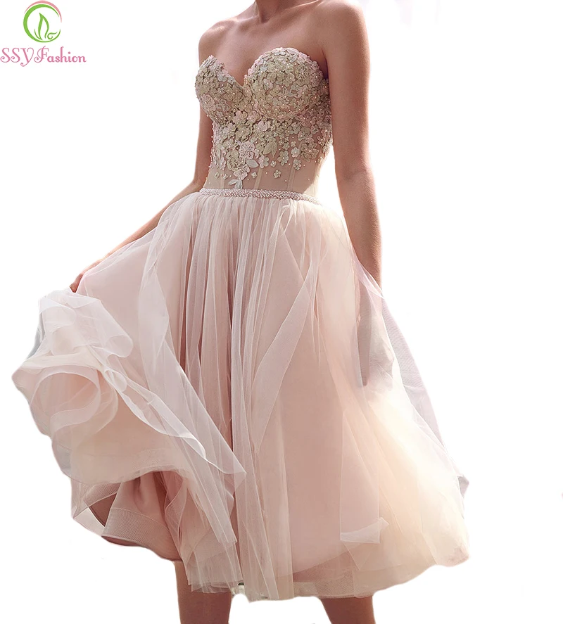 

SSYFashion New Pink Cocktail Dresses Sweetheart Sleeveless Tea-length Lace Embroidery Party Formal Gown Special Occasion Dresses