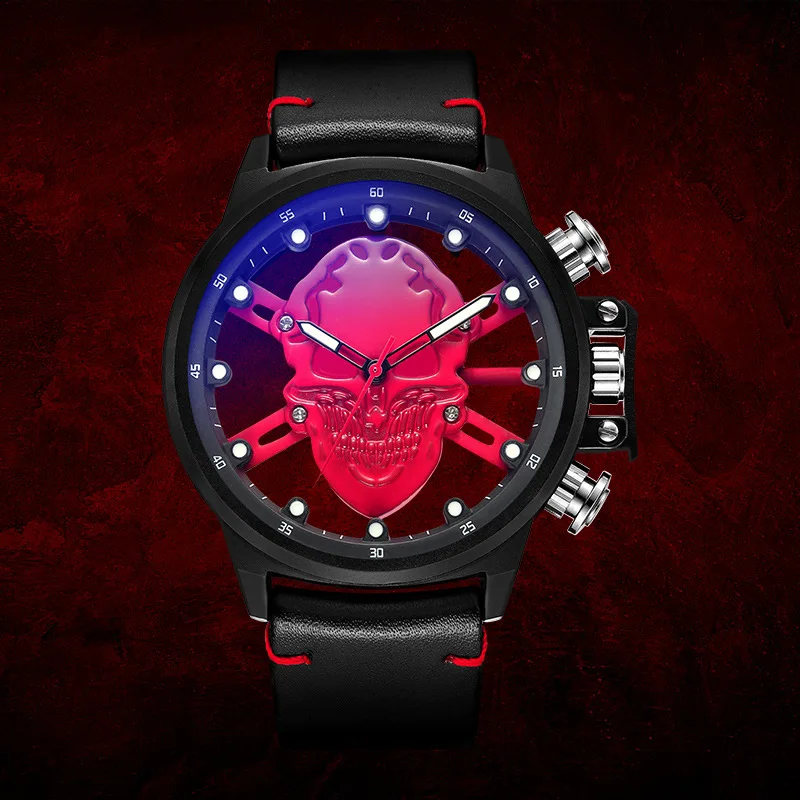 

2018 Fashion Punk Hollow Skull 3D Design Big dial Male Wristwatch Top Brands Casual Quartz Watch Men Sport Watch zegarki meskie