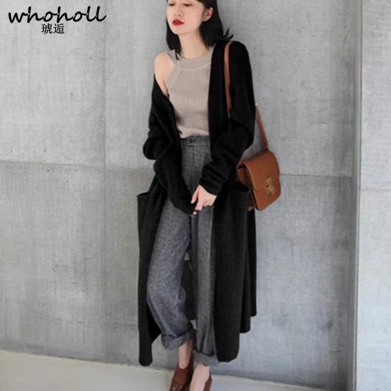 WHOHOLL Long Cardigan Ladies 2018  Fashion Long Knit Sweater Women Large Coat Casual Black Jacket Winter Clothing Sweater