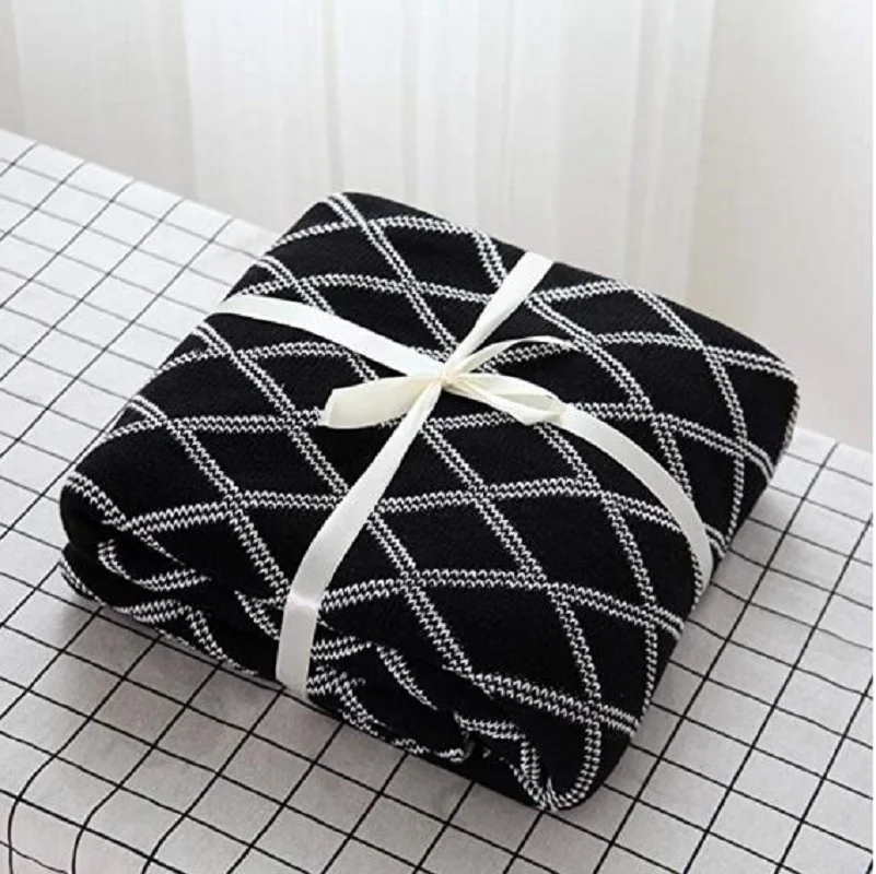 cheap MoMA 100% Cotton Black Cable Knit Throw Blanket for Couch Bed Sofa Chair, Black White Stripe Reversible Decorative Knitted Blank