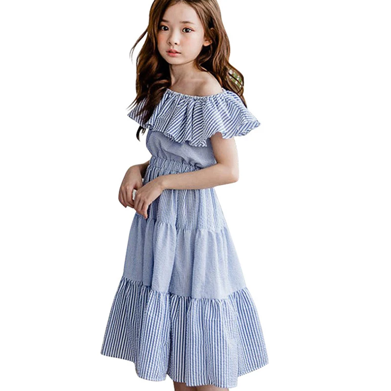 Летнее Детское платье; хлопковый сарафан принцессы для девочек; пляжное платье в полоску для девочек-подростков; элегантное Бохо с открытыми плечами; vestido