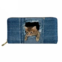 Noisydesigns portable Wallet 3D Denim Jeans Cat Purse Coin Purses Holders for Girls Portable Wallets Women Pu Leather Money Bag
