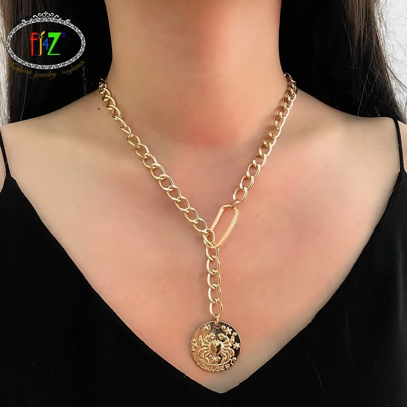 

F.J4Z new arrival fashion punk style maxi link chain round Cancer carved pendant necklace rock hip hop night club jewely