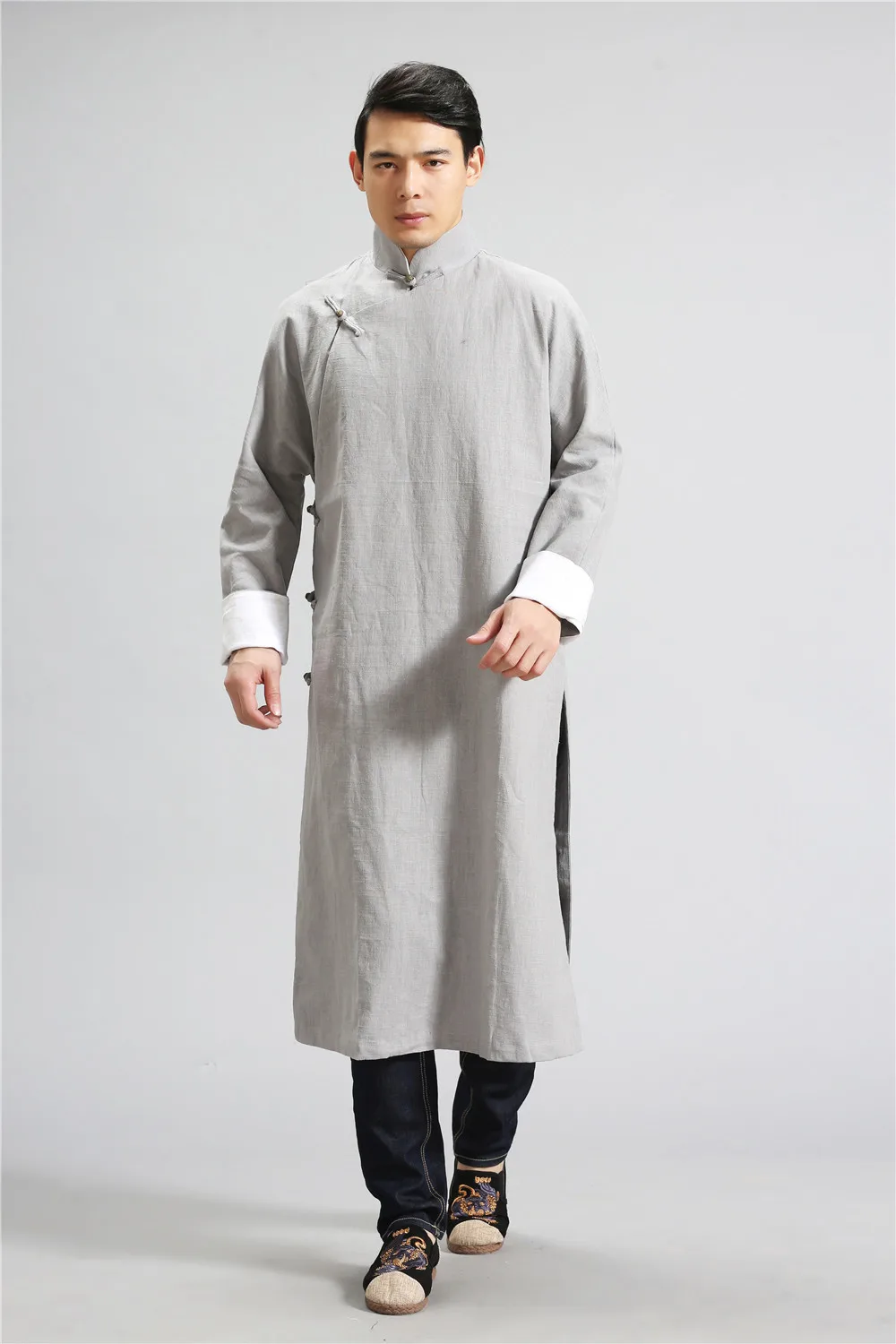 Повседневная мужская одежда в китайском стиле однотонная хлопковая льняная длинная куртка ручной дизайн Свободное пальто Мужская куртка