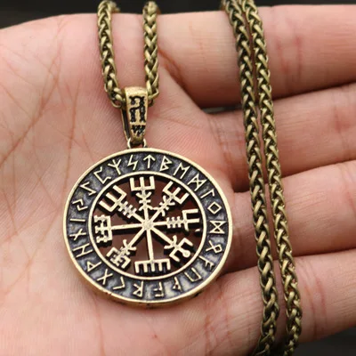 DropshippingViking исландский Vegvisir шлем ужас в руническом круге кулон Vegvisir Viking компас Рунический амулет колье ожерелье - Окраска металла: Покрытие антикварным серебром