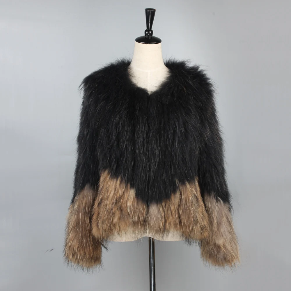 2016 Real Knitted Raccoon Fur Coat Women Fashion Thick Coat Knitted Raccoon Fur Handmade Women 