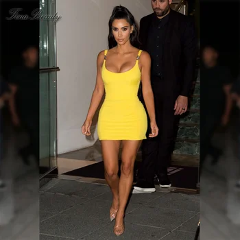 Tina Beauty Kim Kardashian Yellow Mini Dress Womens Sexy Spaghetti Strap Smooth Stretch Runway Dresses Square Neck Party Dress