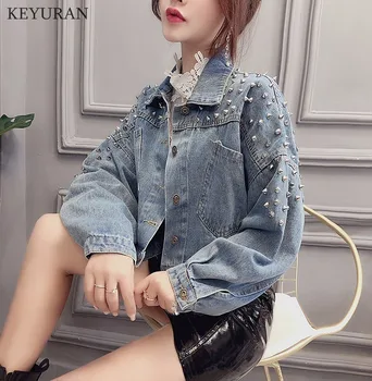 

2020 New Vintage Rivets Denim Jacket Female Outwear Personality Fashion Slim Short Jeans Coat Classical For Women L3557