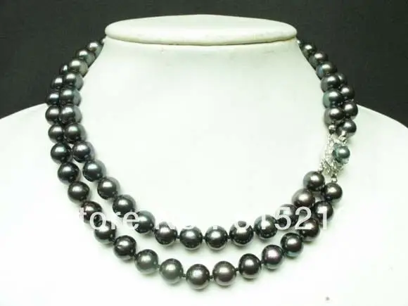

ddh001789 necklace 2 strands black freshwater pearl round beads silver clasp