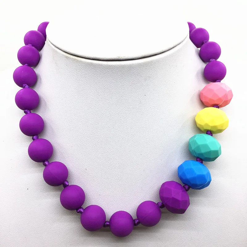 Силиконовое ожерелье-прорезыватель для малышей или детей без БФА, силиконовый ожерелье-прорезыватель с радужным бисер «геометрическая фигура» оптом - Окраска металла: purple n rainbow