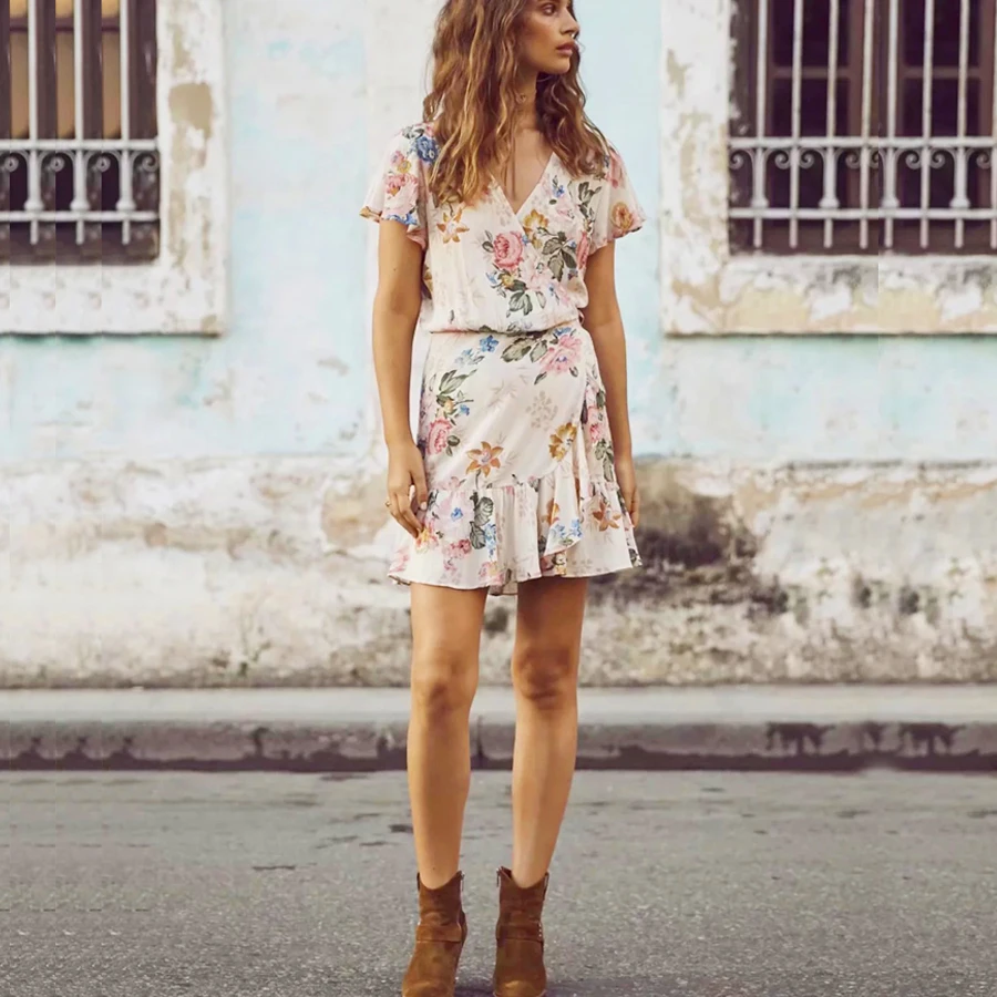 Boho короткое пляжное платье 2018 район хлопок цветочный принт обёрточная бумага