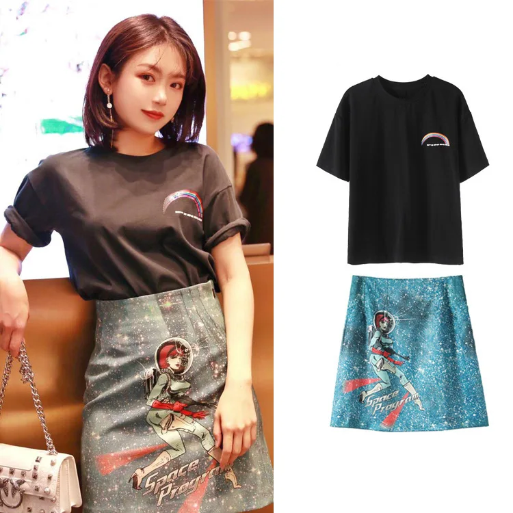 

New 2019 black rainbow printing short sleeve T shirt cartoon printing bust the a line skirt suits female G0491