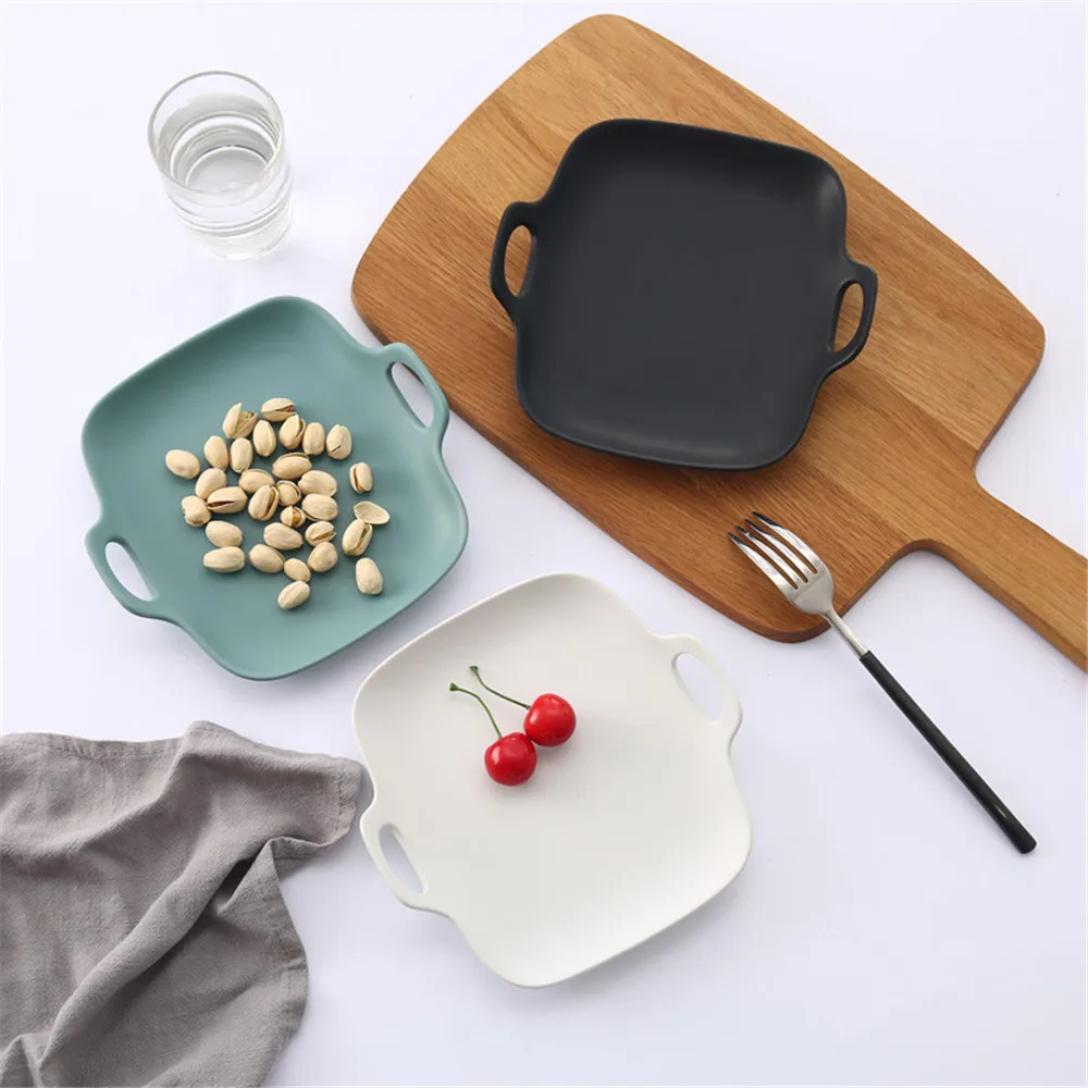 

Nordic Style Matte Glaze Plate Sweetheart Cake Fruit Dish Binaural Square Storage Tray Simple Ins Popular Tableware
