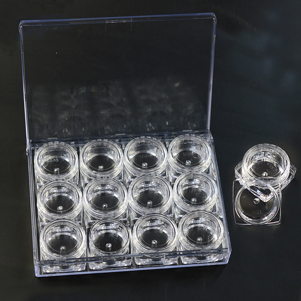 

2017 NEW 12Pcs/Set Nail Art Rhinestone Crystal Beads Container Compartment Empty Jar Transparent Storage Case BEND298