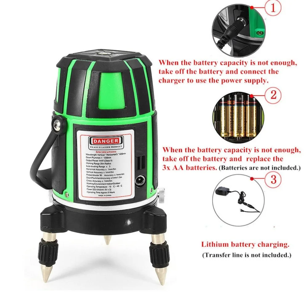 

360 Degrees Rotary Laser Level Shock-proof Cross Green Lines Automatic Self-Leveling Measure Tool Set AC or DC Dual Use