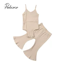 Коллекция года, летняя одежда для малышей однотонный комбинезон без рукавов для новорожденных девочек, топ+ длинные штаны с колокольчиками, комплекты одежды в рубчик