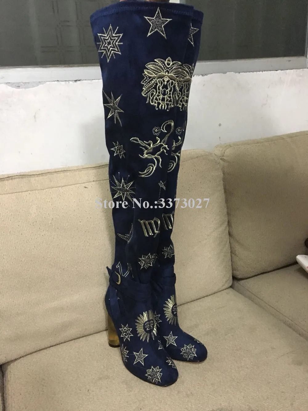 Velvet Ladies Thigh High Boots Metal Plated Chunky Heels Long Boots Fashion Embroidery Moon and Star Over the Knee Woman Boots